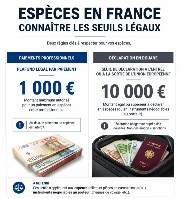 Infographie des seuils légaux et risques fiscaux liés à la détention d'argent liquide chez soi