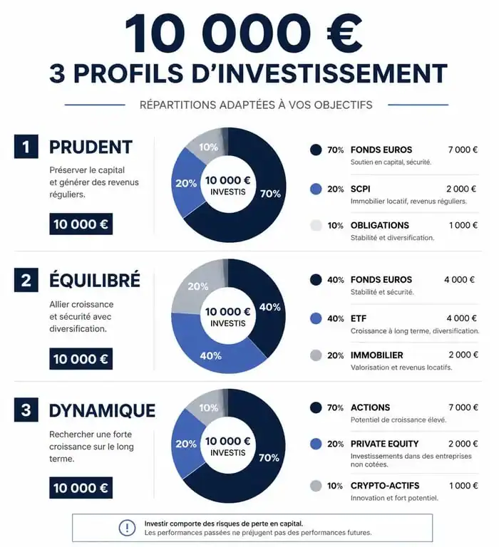 Infographie des stratégies pour investir 10000 euros selon le profil de risque