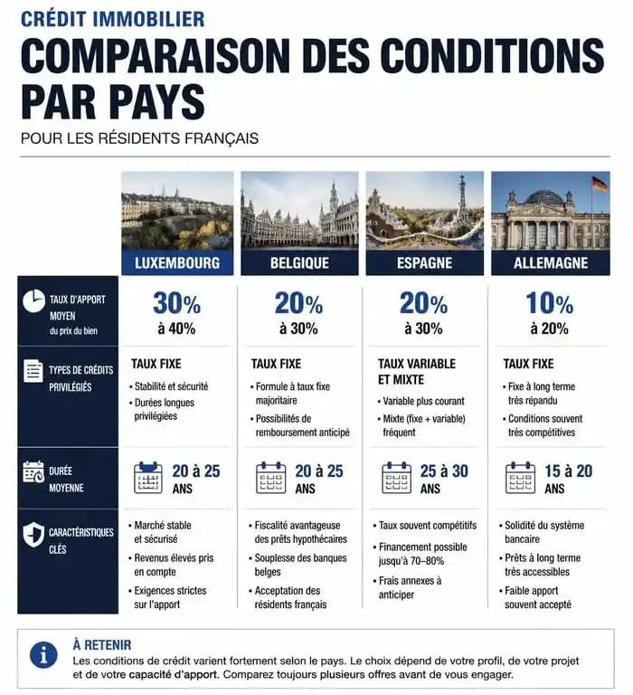 Infographie comparative des conditions de crédit immobilier à l'étranger pour les Français
