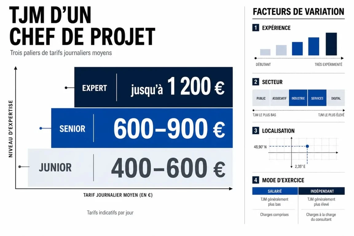 TJM chef de projet présenté en paliers avec fourchettes de tarifs selon l’expérience