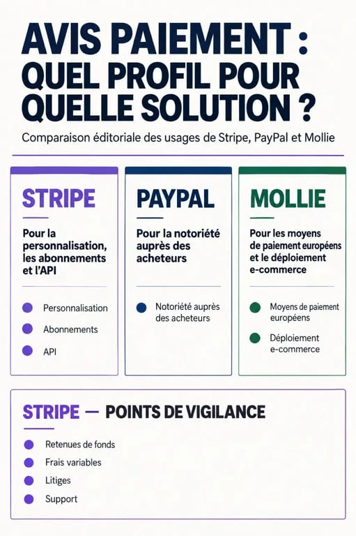 Infographie des avis paiement Stripe et comparaison avec PayPal et Mollie