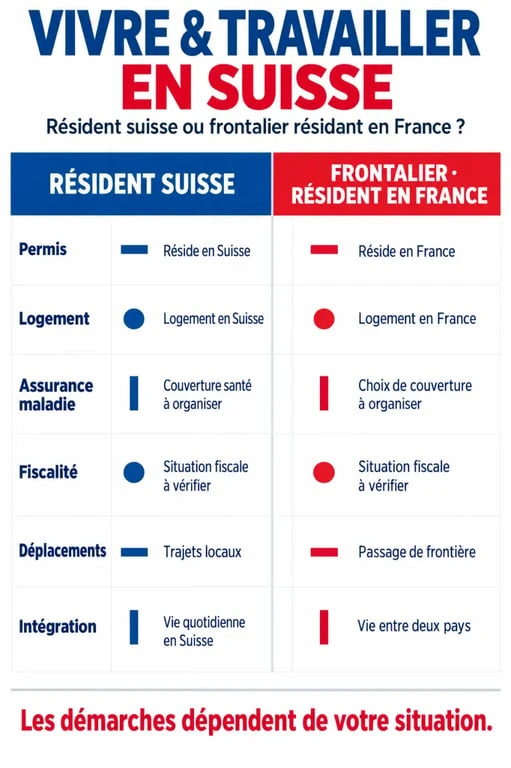 Infographie comparative pour vivre et travailler en Suisse comme résident ou frontalier